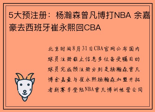 5大预注册：杨瀚森曾凡博打NBA 余嘉豪去西班牙崔永熙回CBA